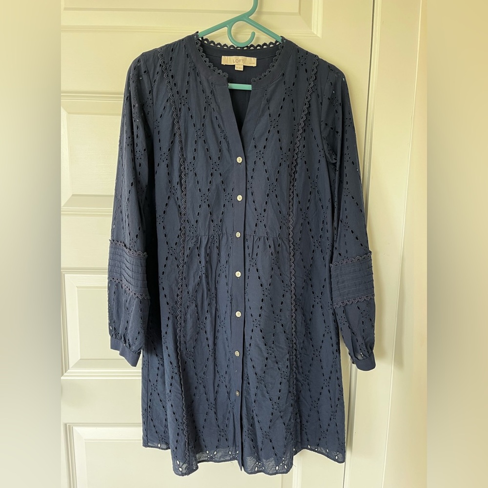 Navy Eyelet Button-Down Dress
